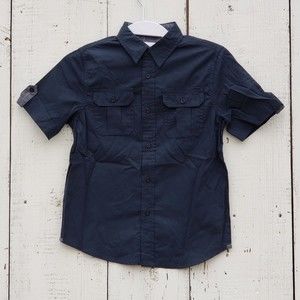 PaperDenim&Cloth Boys Size 5 Navy Button Up Short Sleeve Polo Dress Shirt NEW